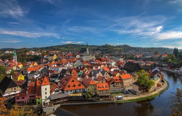 Река, здания, Чехия, Cesky Krumlov