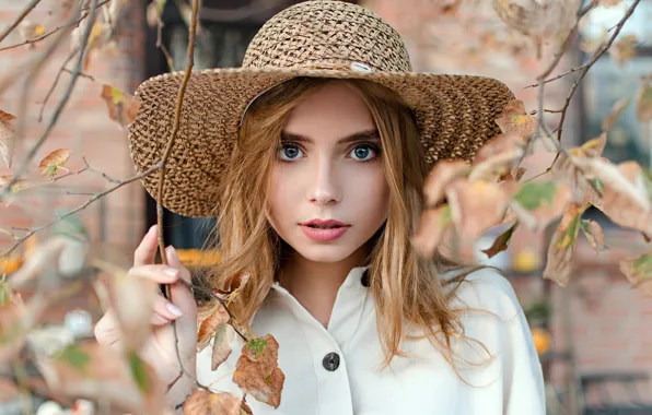 Картинка осень, взгляд, листья, ветки, поза, модель, портрет, шляпа