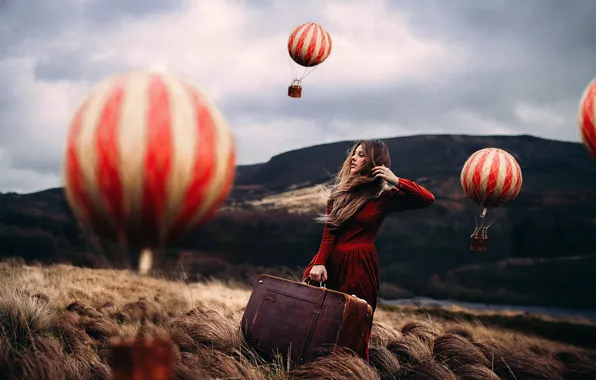 Девушка, воздушные шары, арт, чемодан, Rosie Hardy, Mind Traveller
