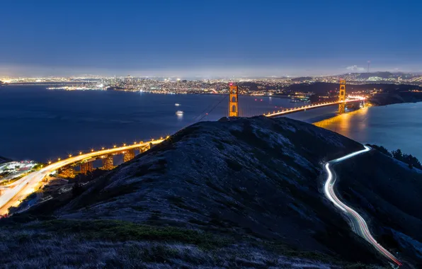 Ночь, мост, вид, Калифорния, Сан-Франциско, Золотые Ворота, USA, США