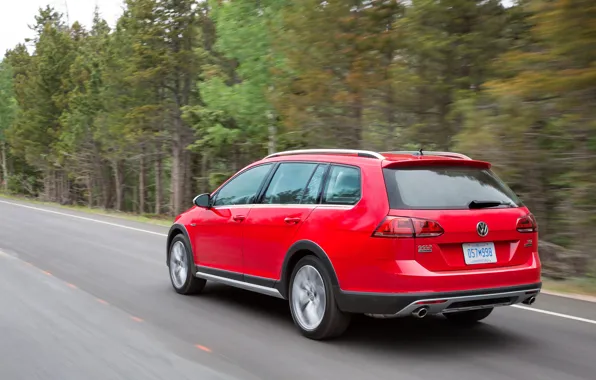 Картинка дорога, красный, Volkswagen, вид сзади, универсал, 2017, Golf Alltrack
