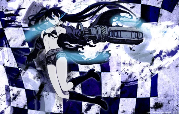 Девушка, оружие, аниме, арт, black rock shooter, светящийся глаз