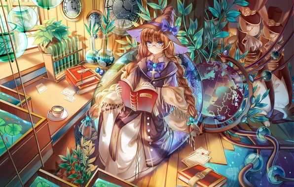 Картинка девушка, часы, книги, растения, шляпа, аниме, арт, очки