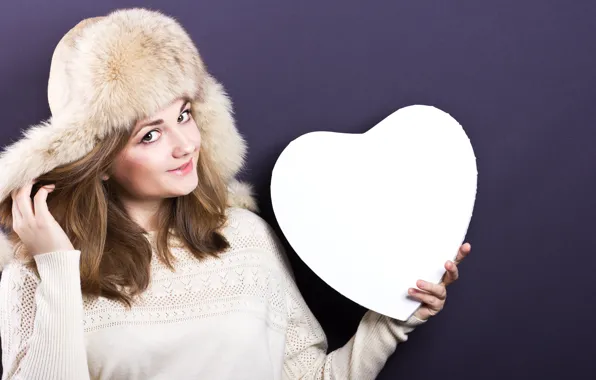 Картинка взгляд, девушка, фон, шапка, сердце, макияж, прическа, мех