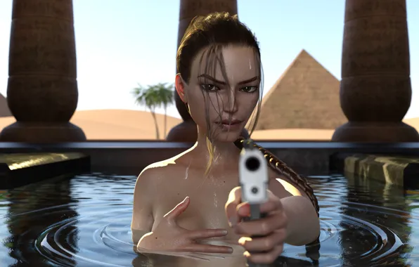 Девушка, Игра, Взгляд, Пистолет, Бассейн, Фон, Tomb Raider, Game