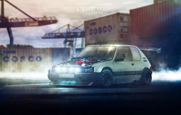 Порт, Белый, Дождь, Peugeot, 205, Контейнера, Outlaw, Cosco