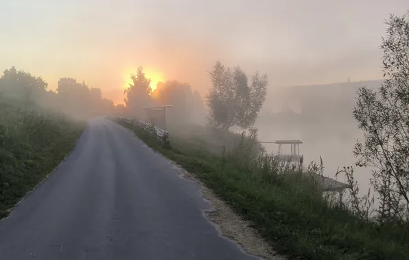 Туман, озеро, пруд, рассвет, село, раннее утро, помост, туманное утро