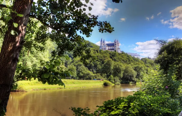 River, nature, building