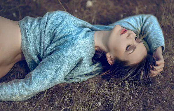 Трава, девушка, лицо, сон, макияж, girl, grass, face