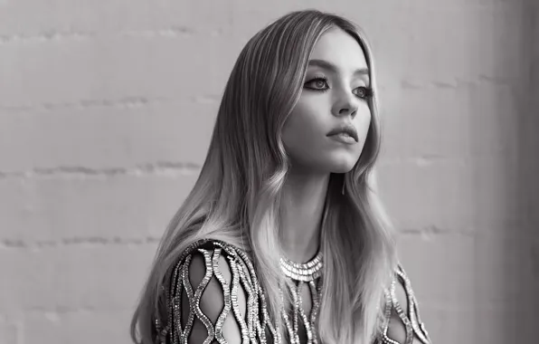 Взгляд, девушка, лицо, фото, черно-белое, Sydney Sweeney