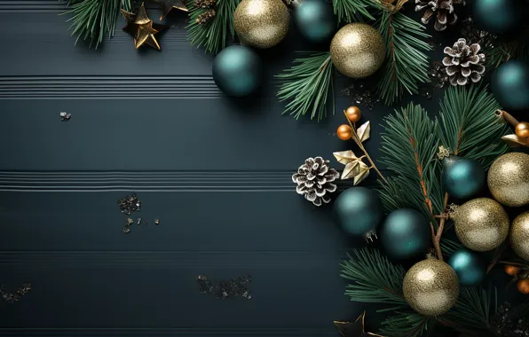 Украшения, темный фон, шары, Новый Год, Рождество, dark, golden, new year
