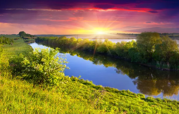 Картинка небо, трава, солнце, деревья, закат, река, landscape, nature