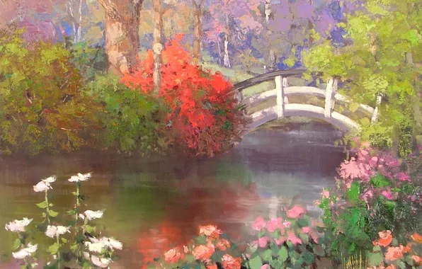 Картинка деревья, пейзаж, цветы, мост, парк, река, кусты