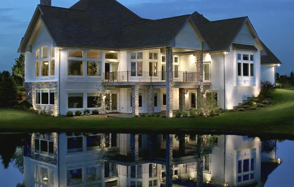 Картинка озеро, вилла, дома, вечер