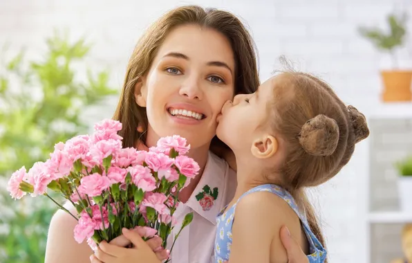 Цветы, ромашки, поцелуй, двое, мама, дочь