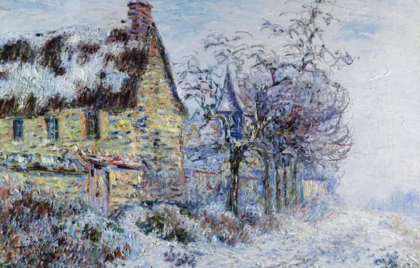 Зима, пейзаж, дом, картина, Гюстав Луазо, Gustave Loiseau, Снежный Эффект в Порт-Жуа