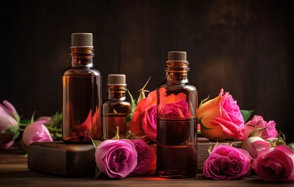 Цветы, доски, розы, розовые, косметика, аромат, бутылочки, брусок