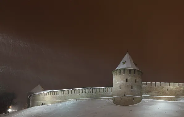 Картинка зима, снег, ночь, город, стена, башня, кремль, башни