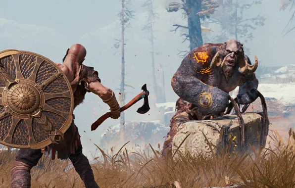 Skull, game, Kratos, God of War, troll, viking, warrior, PS4