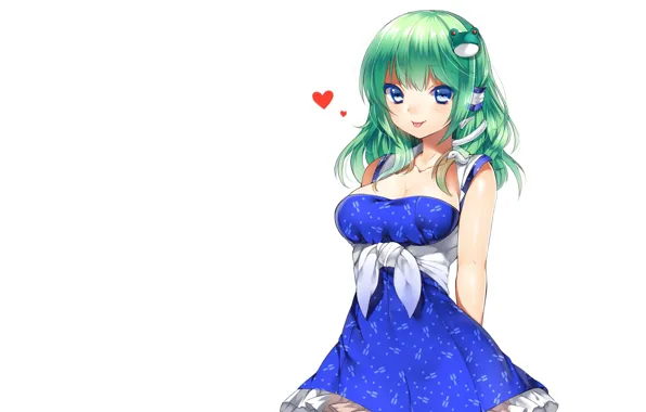 Улыбка, белый фон, зеленые волосы, touhou, заколка, art, голубое платье, Kochiya Sanae