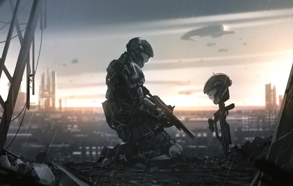 Дождь, солдат, шлем, Halo 3, Halo 3: ODST