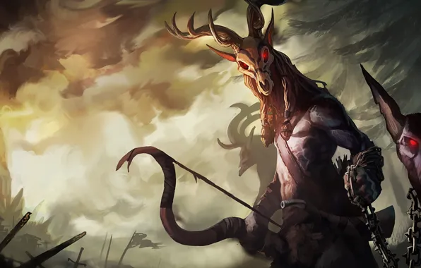 Battlefield, sword, game, forest, horns, sky, trees, smoke