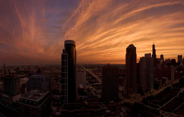 Картинка закат, город, огни, фон