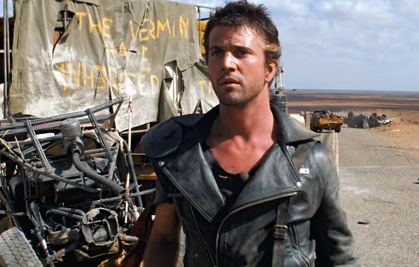 Car, road, actor, men, Mel Gibson, movies, leather jacket, Mad Max