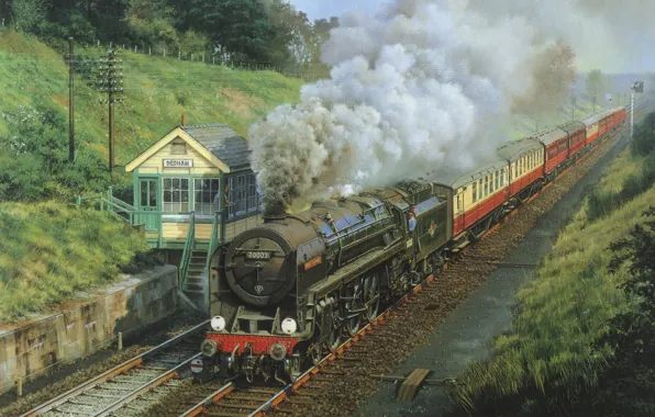 Картинка природа, дым, рельсы, вагоны, Поезд