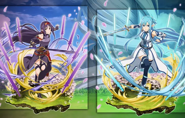 Цветы, оружие, девушки, коллаж, мечи, персонажи, Мастера меча онлайн, Sword Art Online