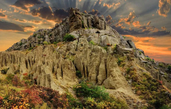 Небо, трава, облака, тучи, природа, гора, кусты