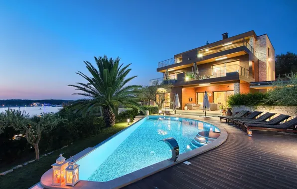 Огни, вилла, вечер, бассейн, Istria, Villa Casa G, Pula