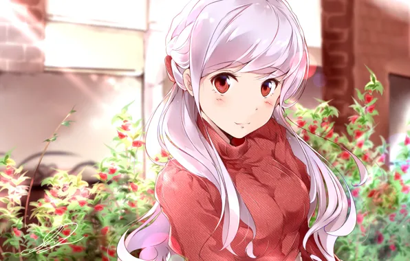 Девушка, красные глаза, белые волосы, anime, art, румяна