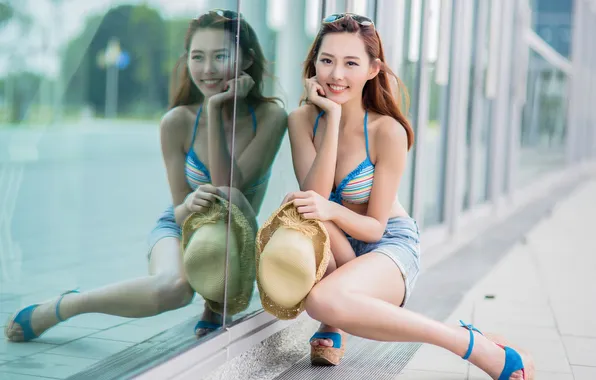 Лето, девушка, улыбка, отражение