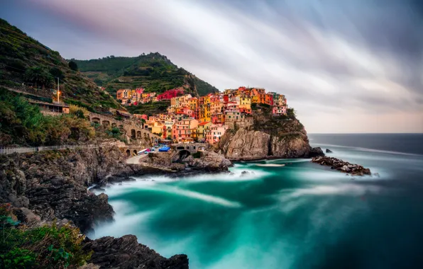 Море, город, фото, побережье, дома, Италия, Manarola Cinque Terre