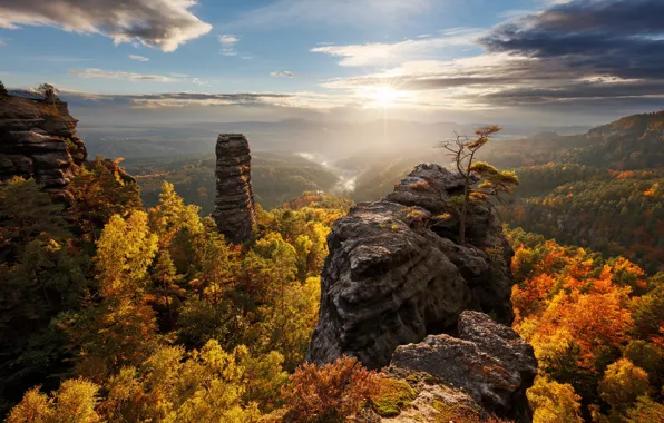 Картинка осень, лес, солнце, свет, деревья, горы, скалы, Германия