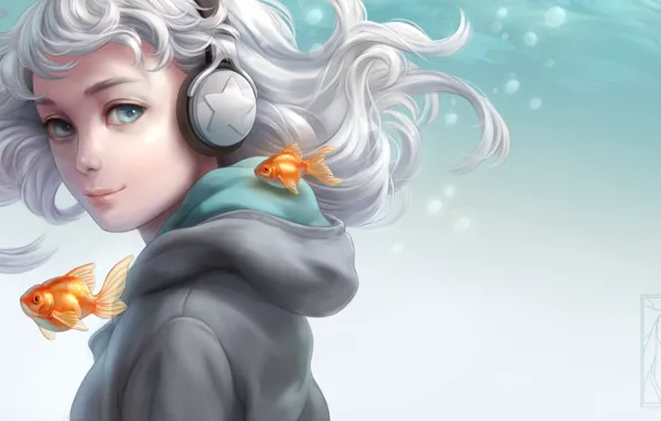Девушка, рыбки, наушники, Aqua, art, Kotikomori