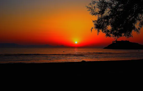 Картинка море, небо, солнце, облака, закат, горы