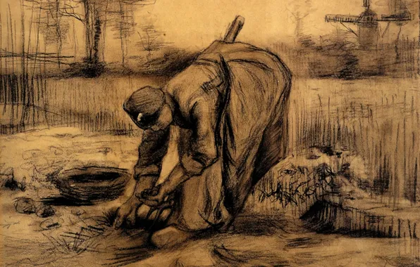 Картинка Vincent van Gogh, вилы, женщина собирает урожай, Peasant Woman, Lifting Potatoes 6