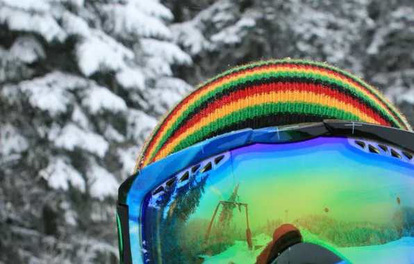 Картинка зима, цвета, снег, стиль, сноуборд, шапка, очки