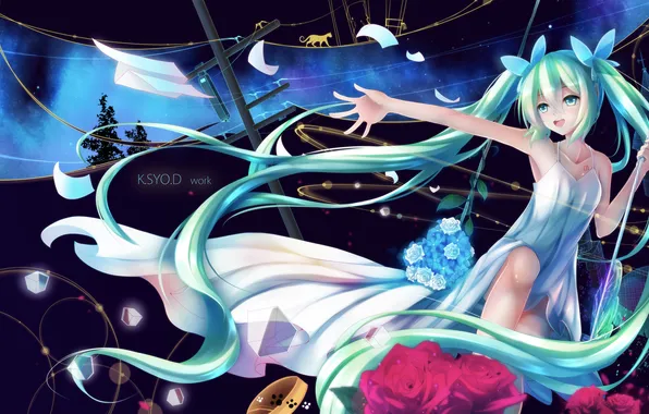 Девушка, цветы, качели, розы, аниме, арт, vocaloid, hatsune miku