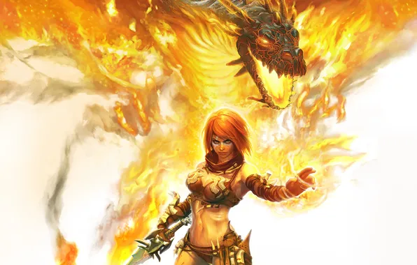 Картинка девушка, огонь, магия, дракон, меч, голова, Beast Rider, Golden Axe