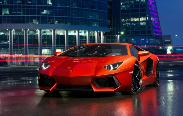 Картинка ночь, здания, Lamborghini, Ламборджини, красная, Aventador