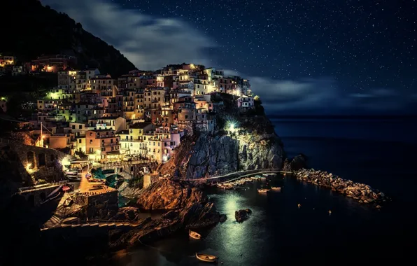 Море, ночь, огни, скалы, побережье, лодки, Italy, Cinque Terre