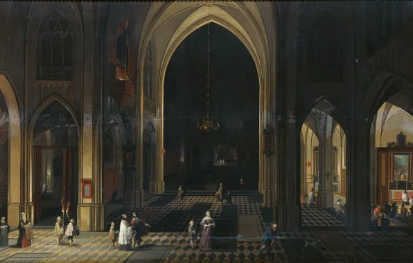 Картинка масло, интерьер, картина, 1636, Питер Нефс, Pieter Neeffs, Интерьер церкви при свечах