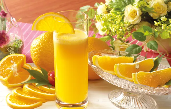 Цветы, стакан, апельсины, сок