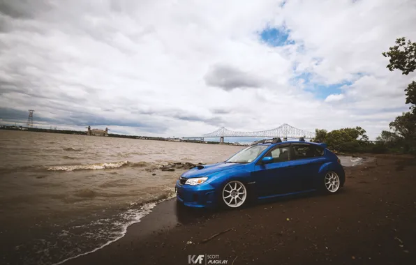 Море, мост, пасмурно, subaru, синяя, wrx, impreza, субару