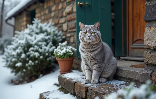 Зима, кошка, снег, дом, крыльцо, cat, winter, snow