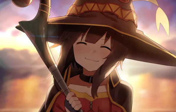 Девушка, улыбка, anime, art, Kono Subarashii Sekai ni Shukufuku wo, Megumin