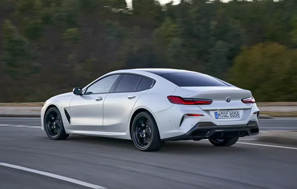 Картинка лес, белый, купе, скорость, BMW, Gran Coupe, 840i, 8-Series